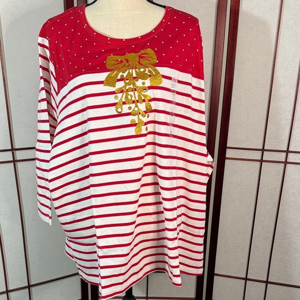 Kim Rogers Red and White Striped Long Sleeve Top with Gold Bow